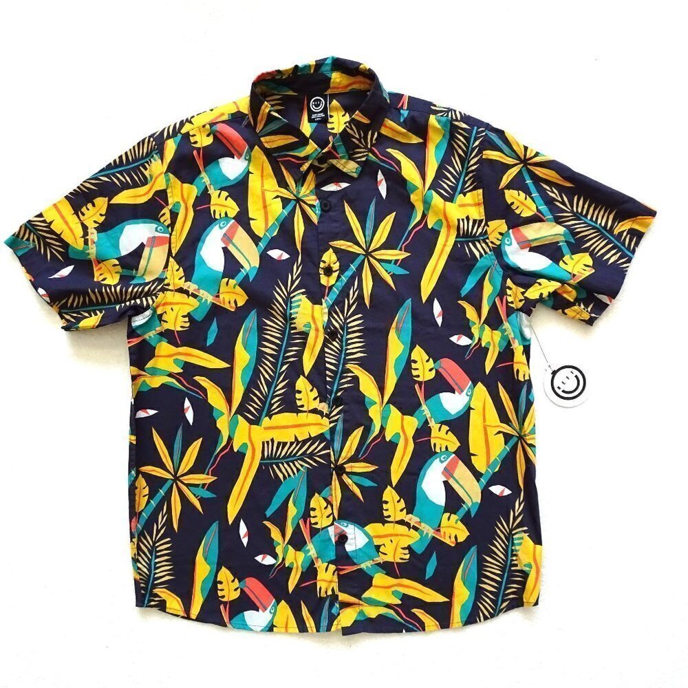 Neff Hawaiian Shirt Size S Purple Floral Toucan